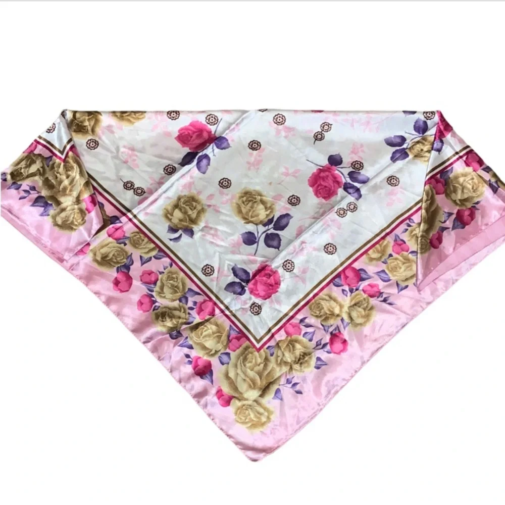AKVO Silky Smooth Satin Floral Scarf Pink Purple White Gold Coquette Preppy